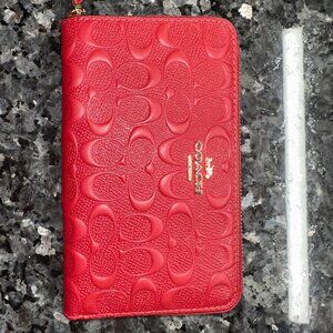 NWT Coach Medium Corner Zip Wallet Signature Embossed Leather Red #CC942